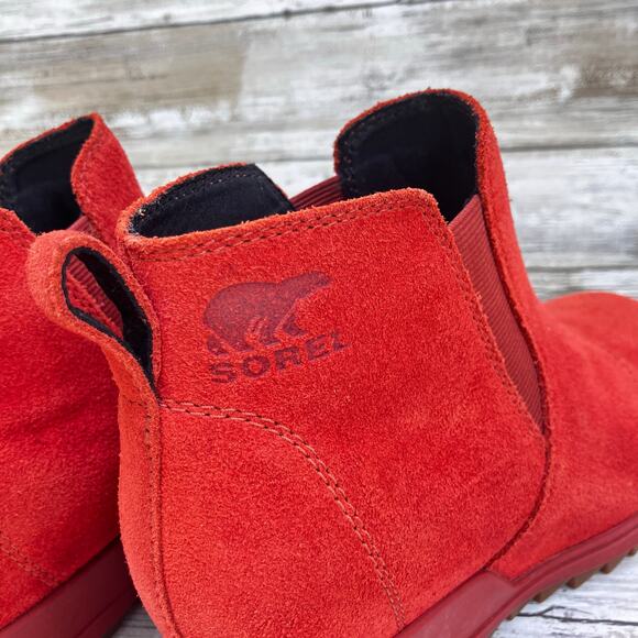 Sorel Boots Evie Pull On Bootie Sz 7.5 Orange Suede Waterproof Wedge Casual - Picture 4 of 10